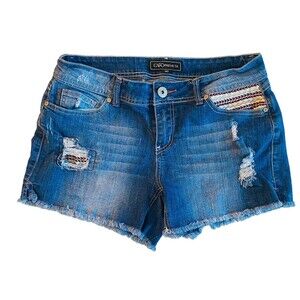 Cato Premium Denim Shorts Womens Size 12 Boho Distressed Stretch Blue Frayed Hem